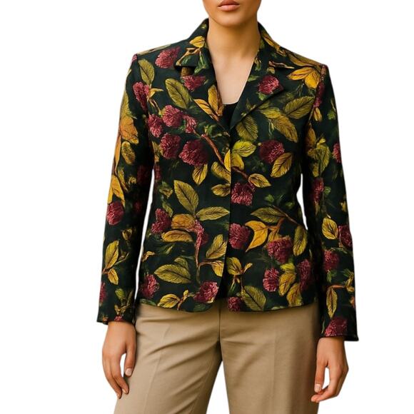 Linda Allard Green Purple Berry Print Silk Wool Blend Lined Vintage Blazer 14 LG - Picture 2 of 5